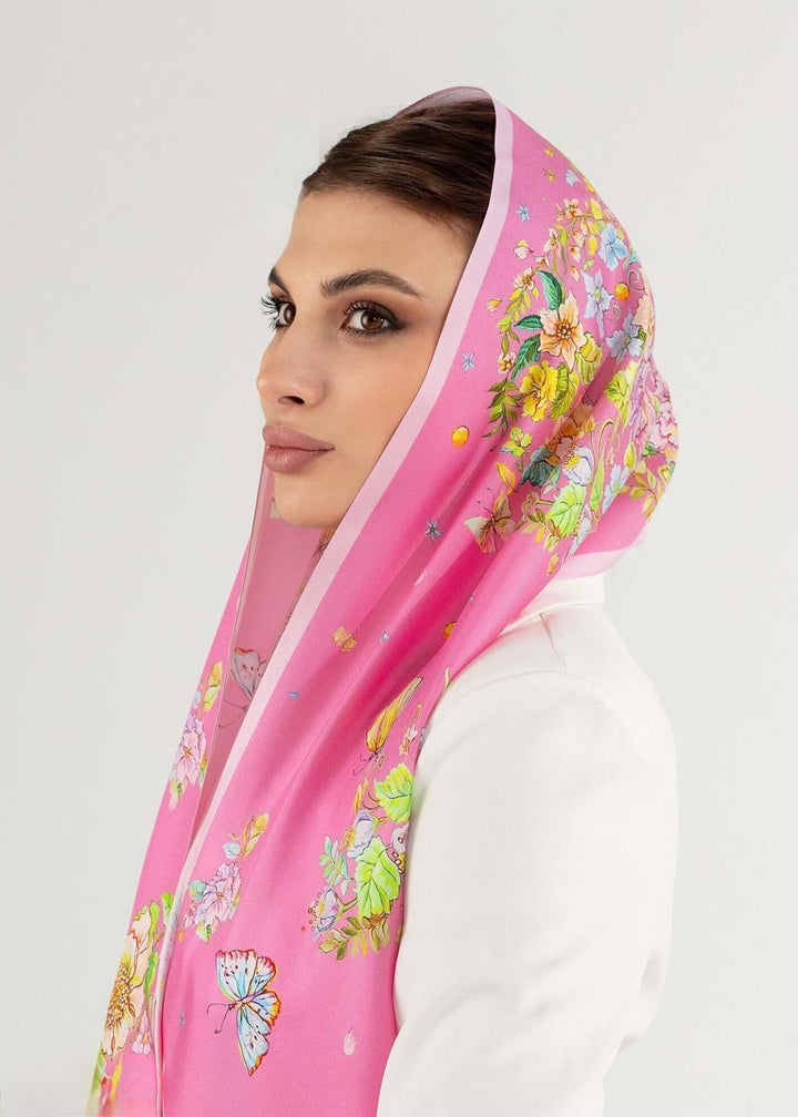  Designer Seidenschal mit Floraldruck um den Hals für Damen in rosa