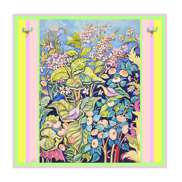 Exklusives Seidentuch 90×90 cm mit floralen Motiven, Vögeln und pastellfarbenem Rand. Inspiriert von der Originalmalerei von Iryna Feinblatt, ein luxuriöses Accessoire und ideales Geschenk für Frauen.