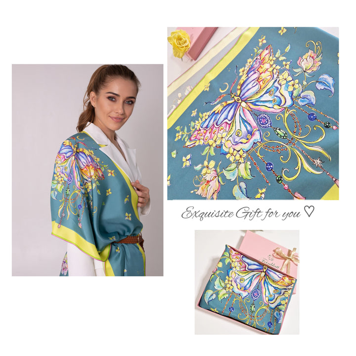 Designer Seidenschal „Emerald Butterfly“ in Smaragdgrün – luxuriöses Seidentuch mit handgezeichneter Schmetterlings-Illustration, nach Originalkunst von Iryna Feinblatt auf Twill-Seide gedruckt. Präsentiert als elegantes Geschenk für Frauen.