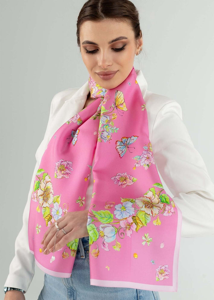 Designer Seidenschal mit Floraldruck um den Hals für Damen in rosa
