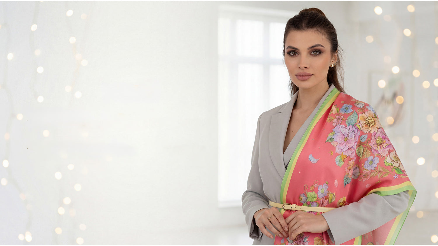 Frau trägt ein florales Seidentuch von Iryna Feinblatt