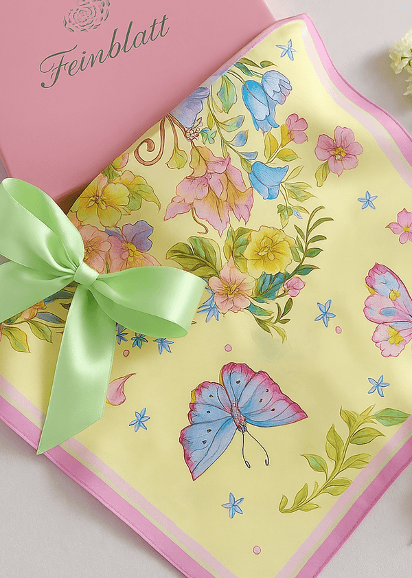 Yellow silk scarf with floral and butterfly design, presented in a box by Feinblatt.