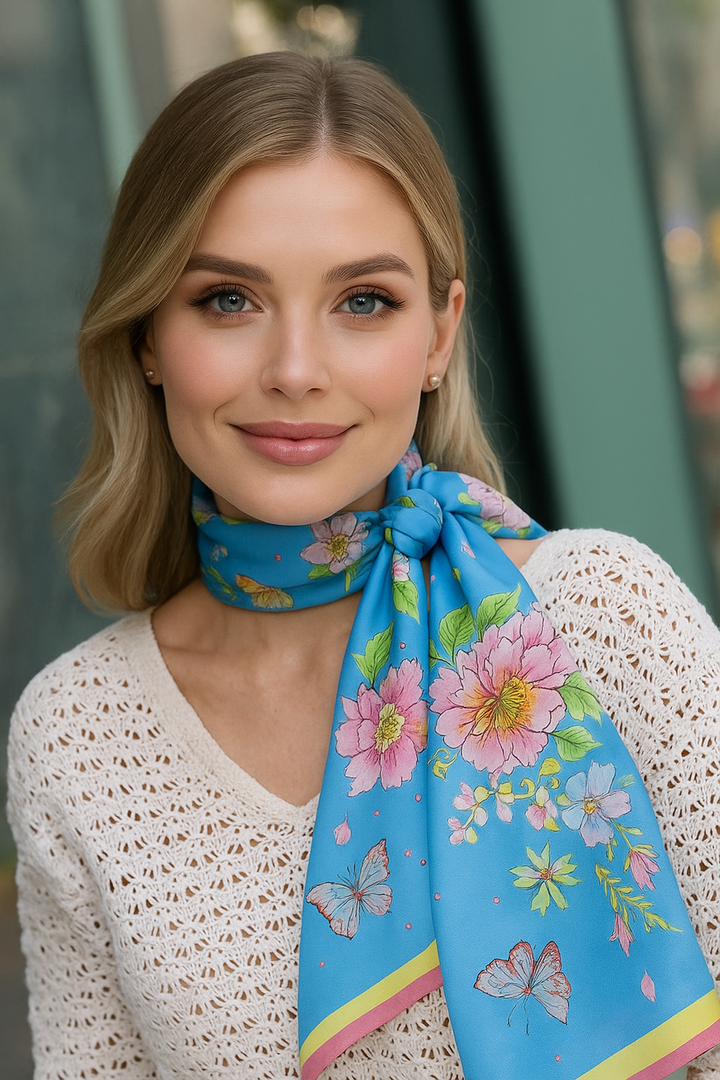 Blaues Seidentuch mit rosa Blumen und Schmetterlingen elegant um den Hals gebunden