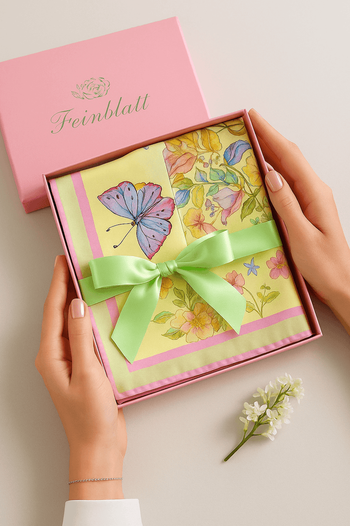 Hands holding a gift box containing a yellow silk scarf with floral designs, wrapped with a green ribbon.