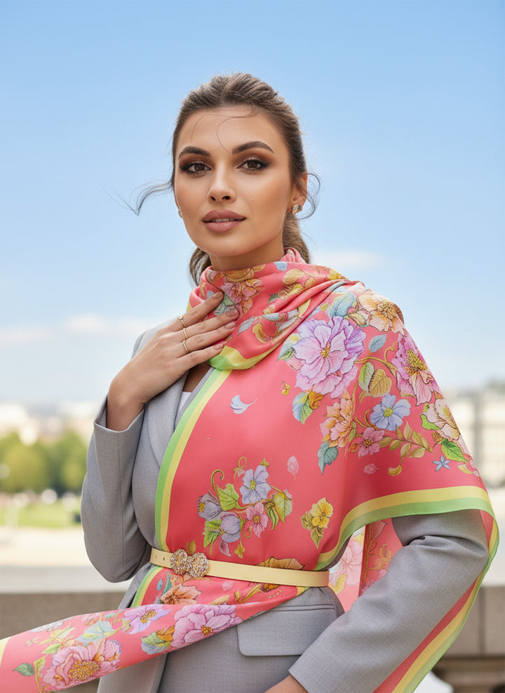 Luxus Seidenschal Herz aus Blumen in Korallenrosa  stilvolles Sommeraccessoire aus reiner, Eleganz im Licht