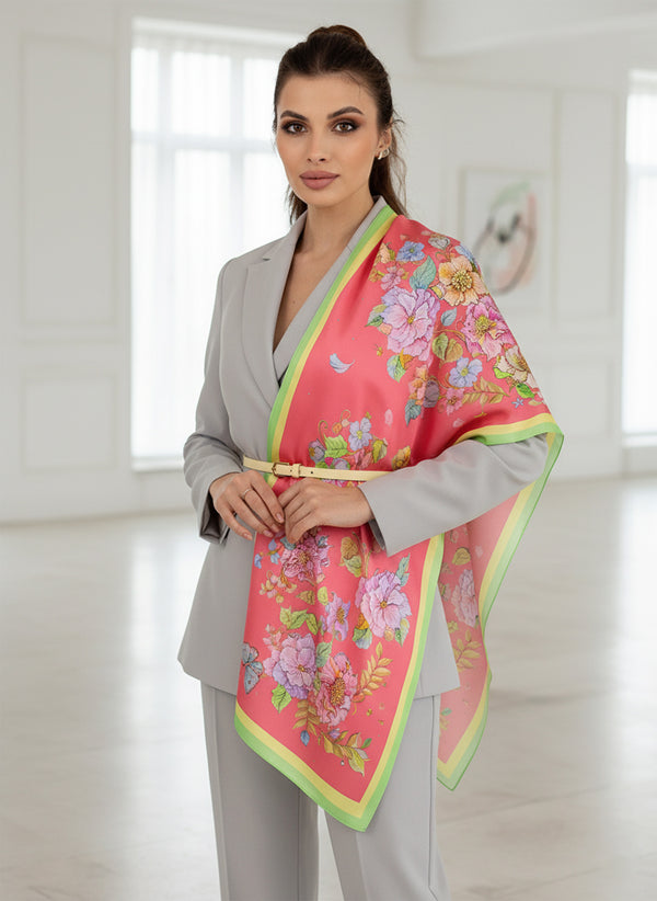 Luxus Seidenschal Herz aus Blumen Designerstück von Iryna Feinblatt, pure Twill-Seide in Korallenrosa mit Blumenmotiv