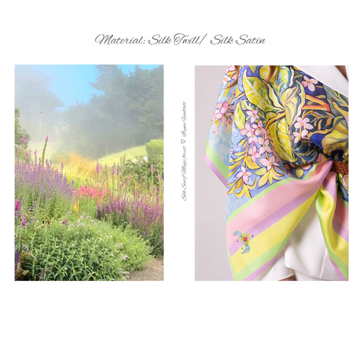 Designer Seidentuch Morgen Lavendel 90×90, inspiriert von Natur und Zauberwald, floraler Seidenschal als Kunst auf Twill-Seide