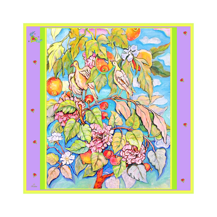 Designer Seidentuch Sommergarten Violett Herzen 90×90 – mit Orangen, rosa Blüten und Vögeln, Kunstmotiv von  Feinblatt